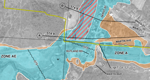 The BFE shown as a number on top of a black wavy line that bisects the floodplain, in parentheses underneath the zone label