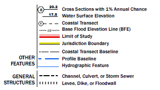 Map Legend: This graphic is a legend for the interactive map above. At the national view level the mapped area is shown in solid light blue and unmapped areas are shown with a light blue cross hatch pattern. At the local view level the selected flood map boundary has an aqua border. At the local view level flood maps that are not selected have green boundaries, with the non-printed flood maps having a green dotted pattern, and the unmapped areas have a green cross hatch pattern.